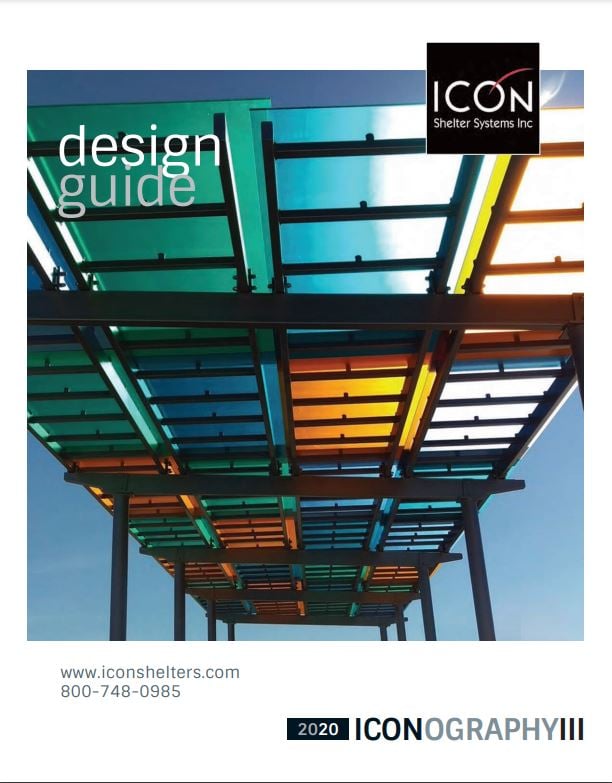 ICON 2020 catalog cover with multi-colored filtered light panels.
