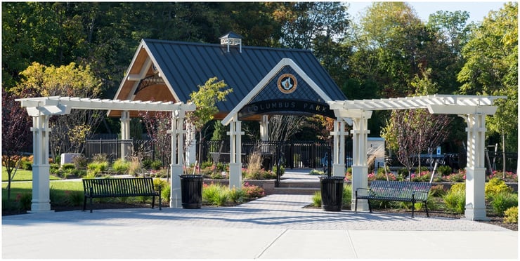 White steel arbors and entryway arch with benchesfor Piscataway New Jersey's Columbus Park