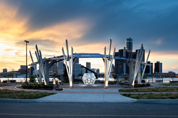 Centennial shelter at dawn on the river bank in Windsor, Ontario
